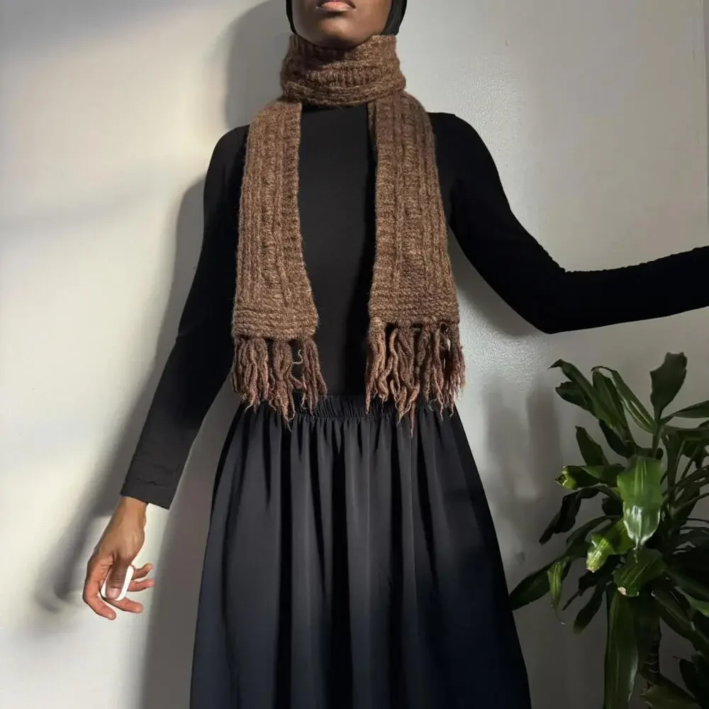 Cozy Brown Knit Fringe Scarf - Women Accessories